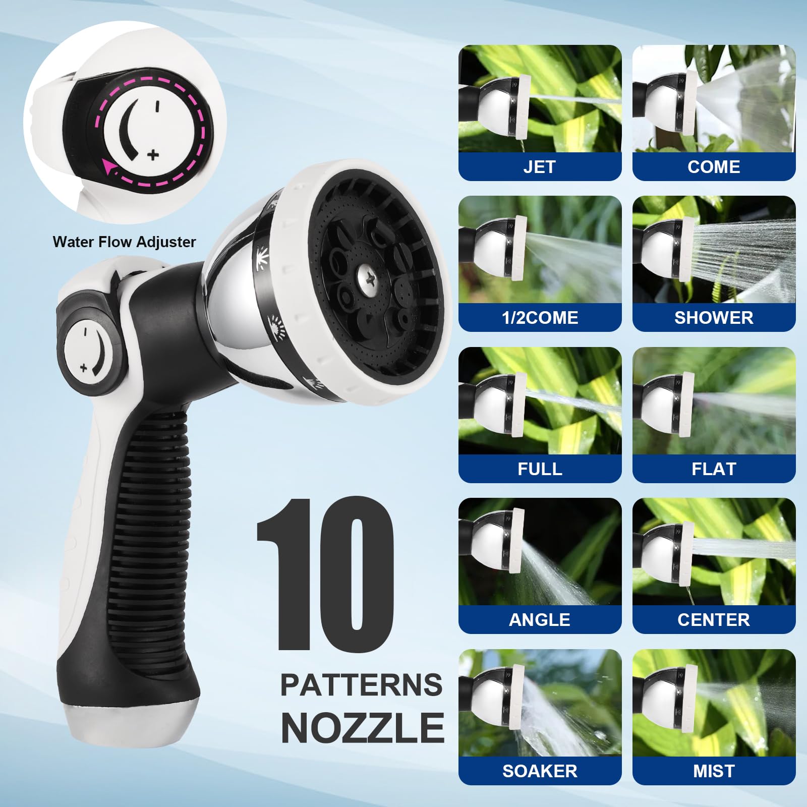 HOZEREEL 10-pattern nozzle detail showing spray versatility for plants