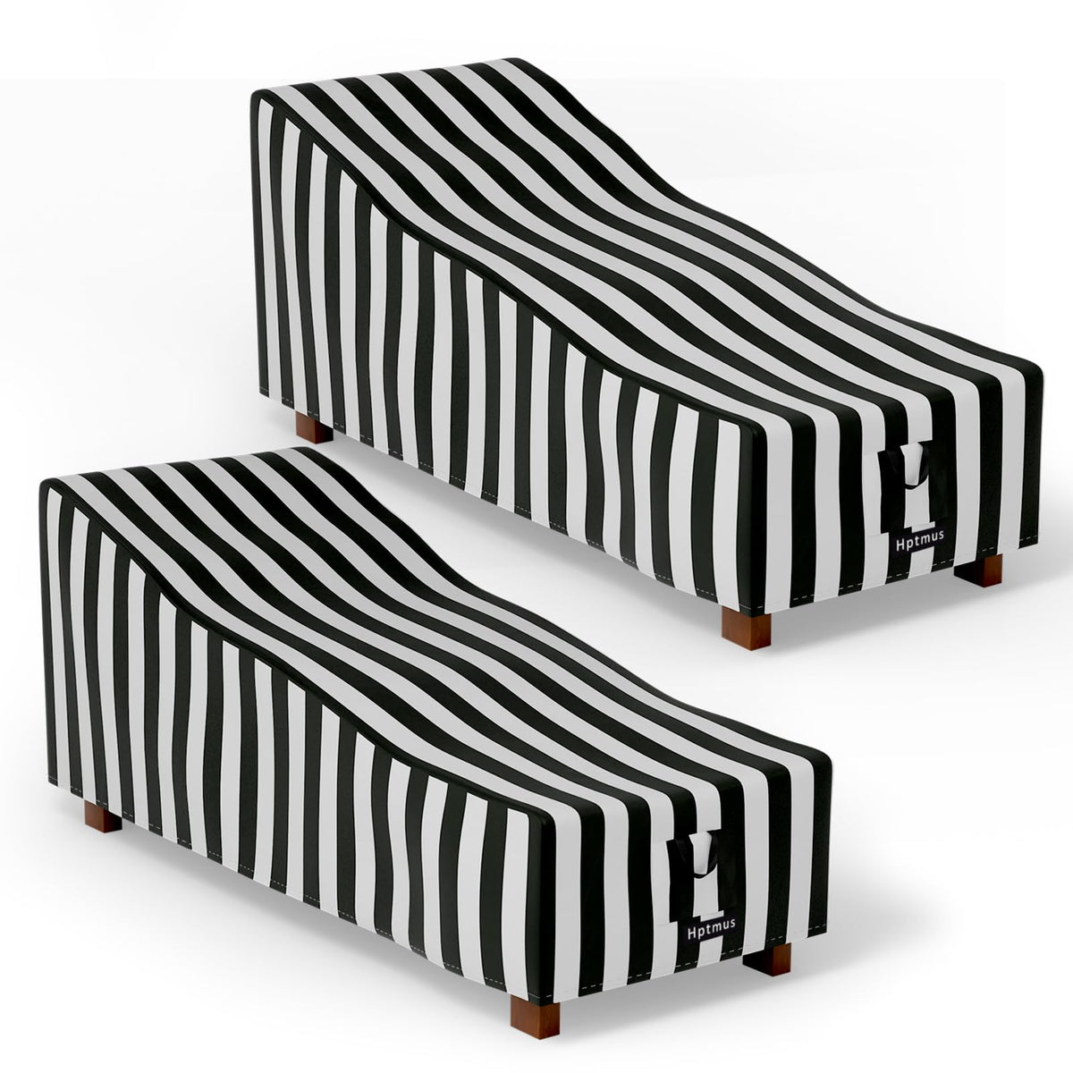 Hptmus front view of black and white stripe covers protecting two chaise lounges