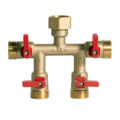 HQMPC front view brass 4-way splitter showing durable body and outlets, durable performance