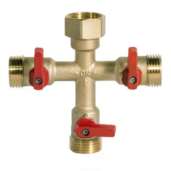HQMPC front view brass hose splitter shows durable construction and multiple outlets