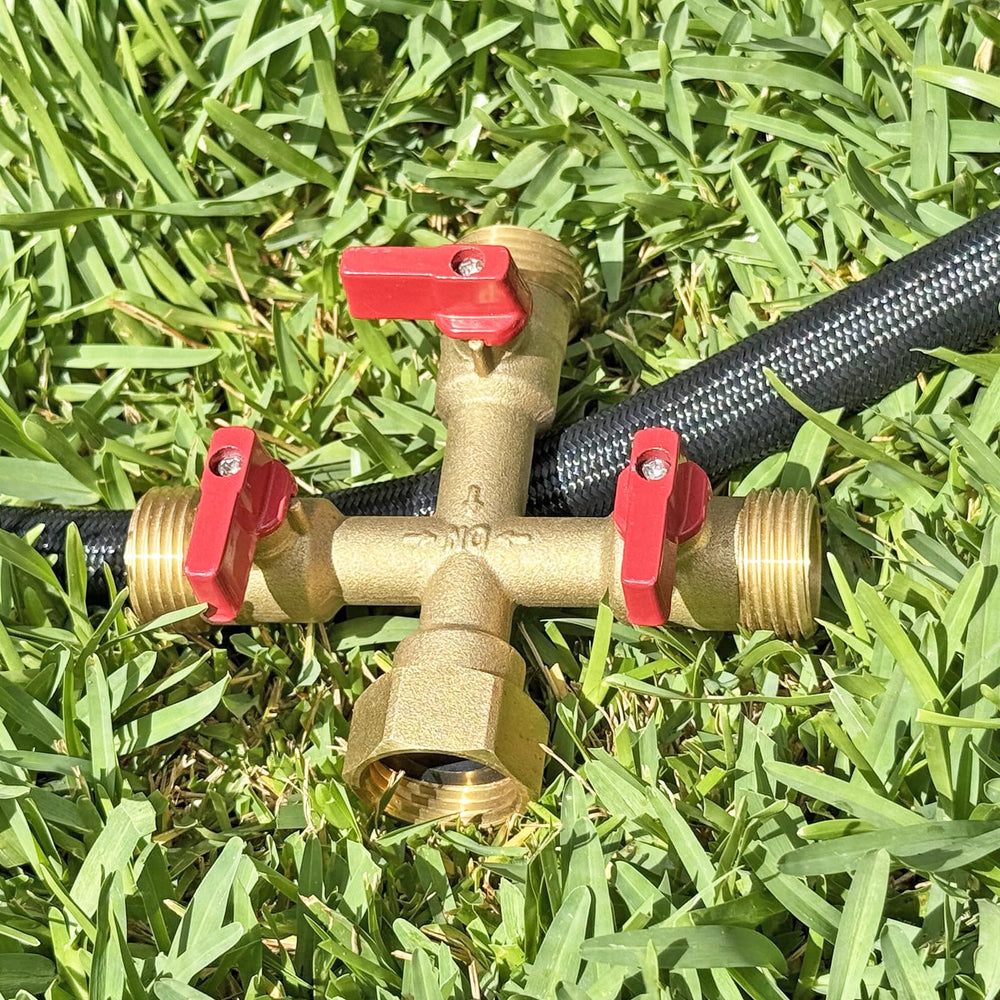 HQMPC installed in garden setting supporting sprinklers and a hose washer