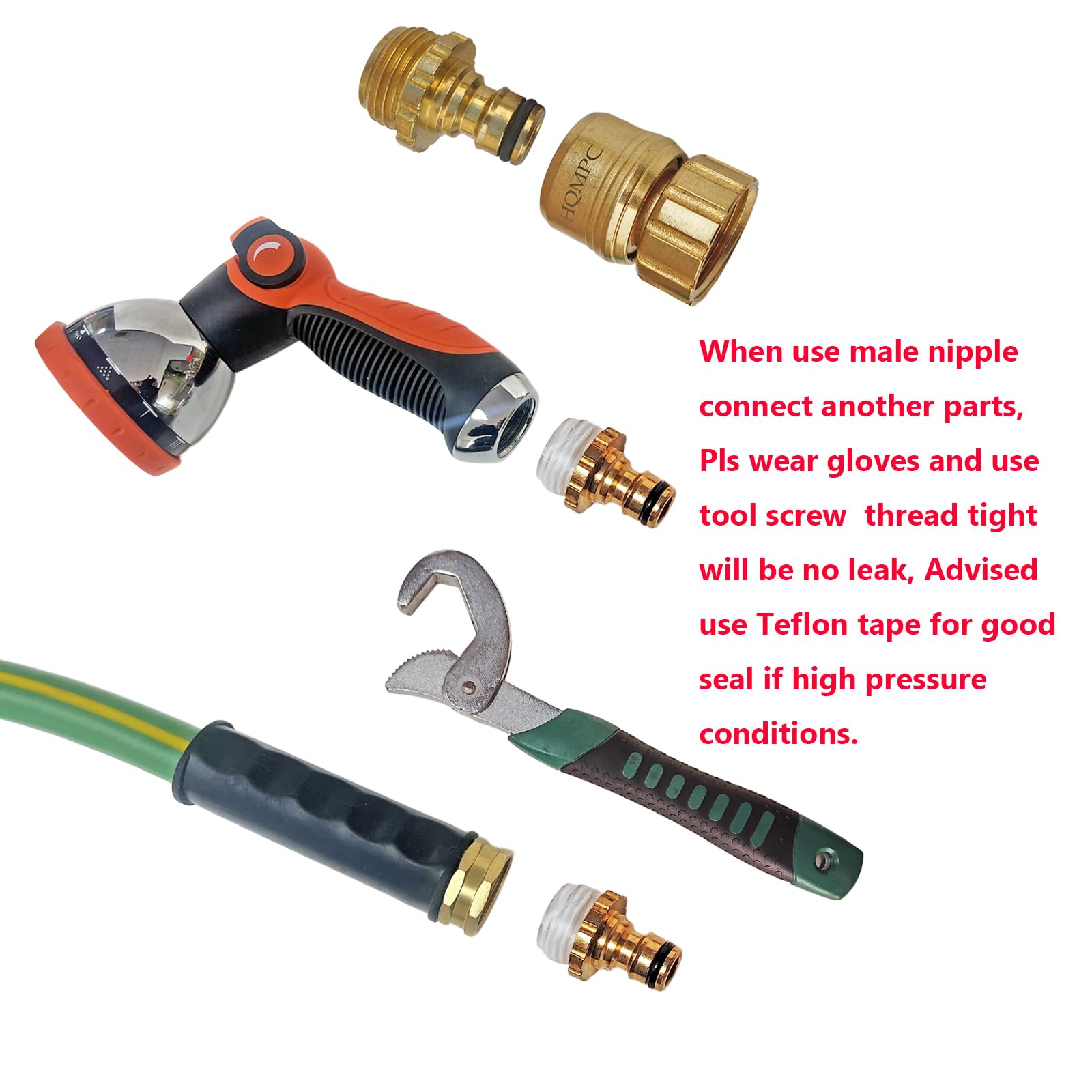 HQMPC beside garden hose to show size and fit with standard 3/4" GHT