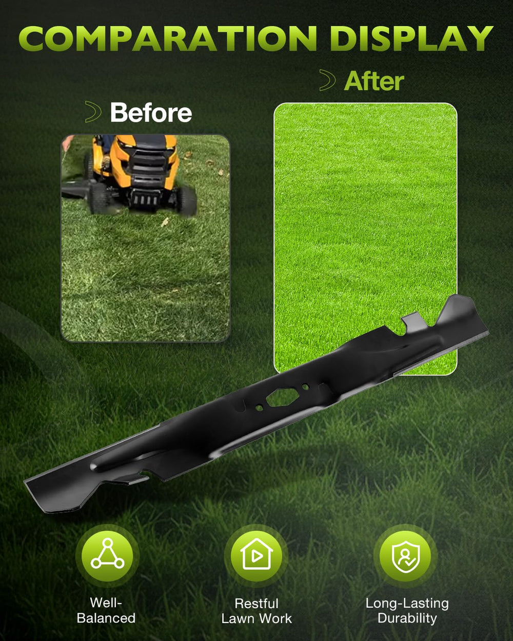 HQPASFY blade installed on mower deck demonstrating clean cut and improved performance