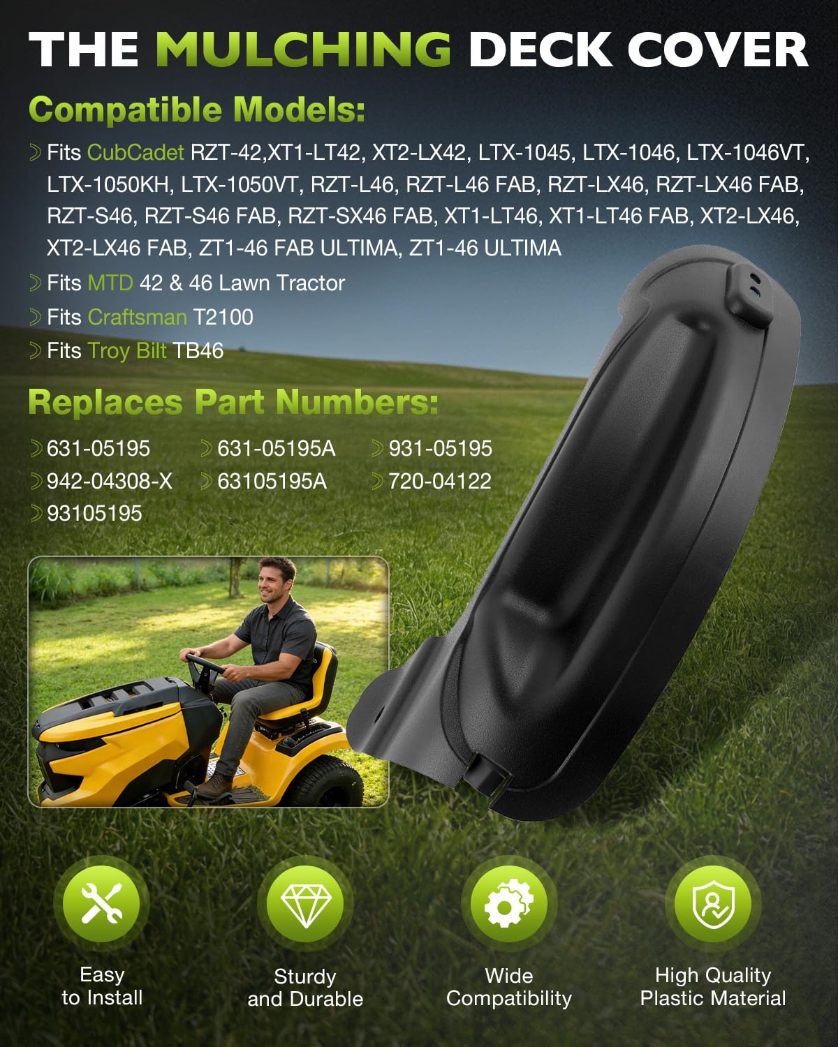 HQPASFY mulching cover detail showing fit and airflow improvement for finer clippings
