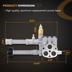 HQPASFY side view showing ports and label to confirm correct pump head fitment