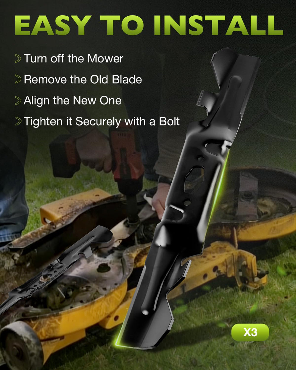 HQPASFY mower cutting grass with installed blades for improved mulch