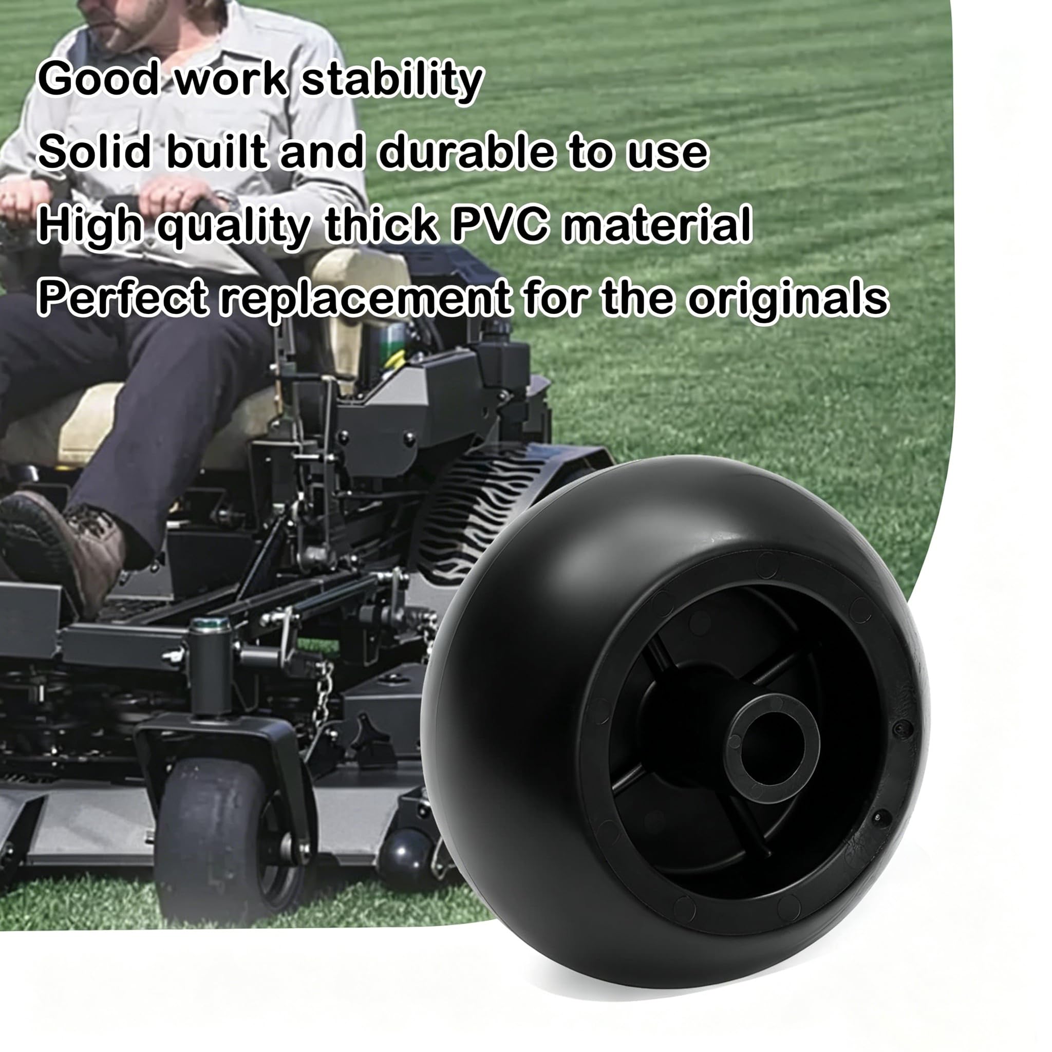 HQPASFY mower on green lawn with installed wheels showing improved cut consistency benefit