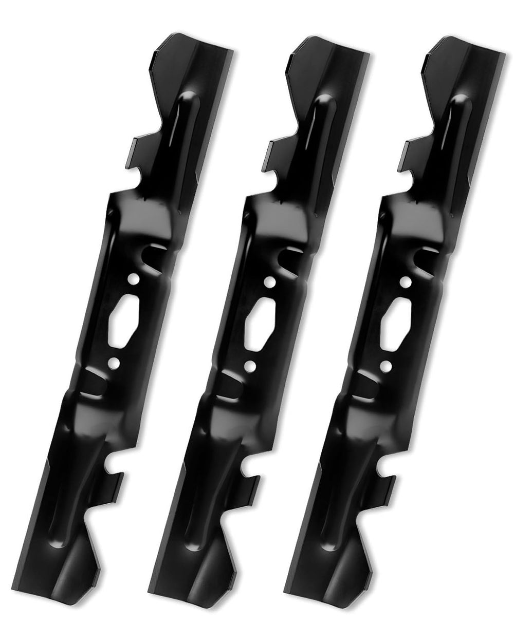 HQPASFY front view of three mulching blades showing fit and finish