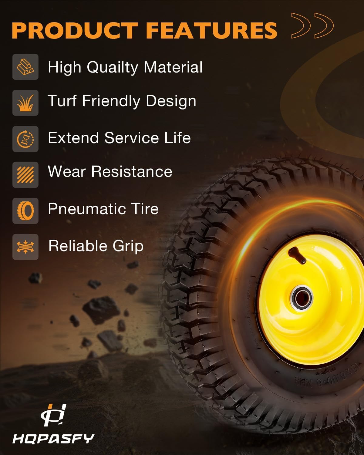 HQPASFY tread close-up showing grass-friendly pattern and grip