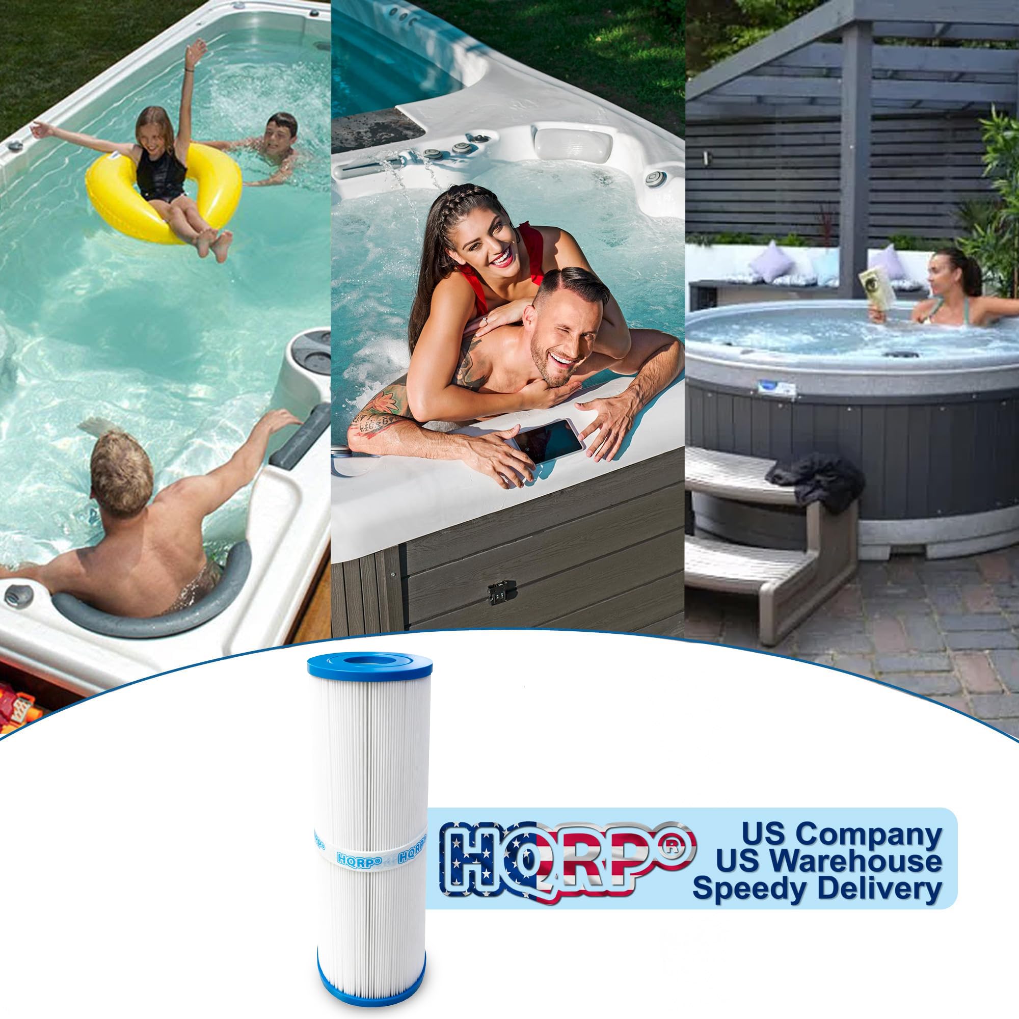 HQRP filter pictured near a hot tub conveying clearer water and comfort