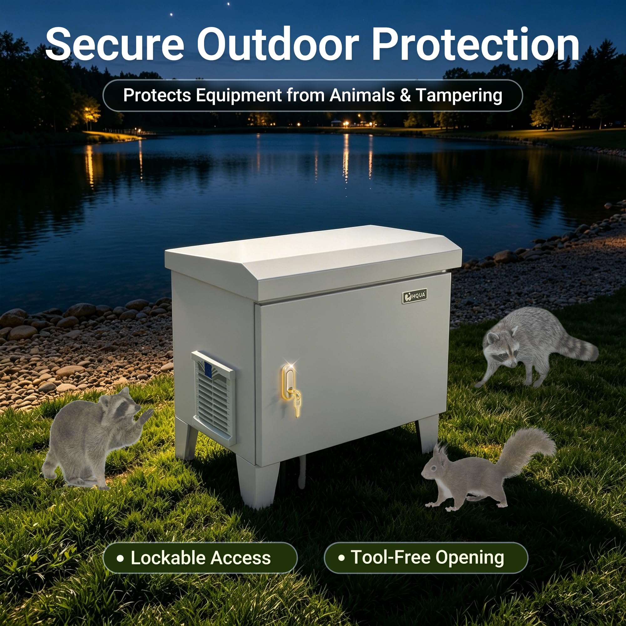 HQUA cabinet installed by pond illustrating discreet outdoor protection