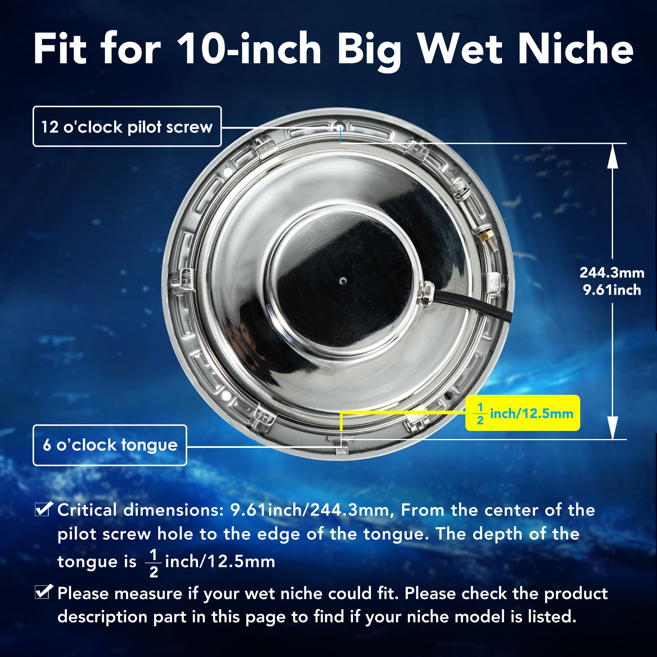 HQUA PN01 seated in wet niche, HQUA secure fit with standard screw notch