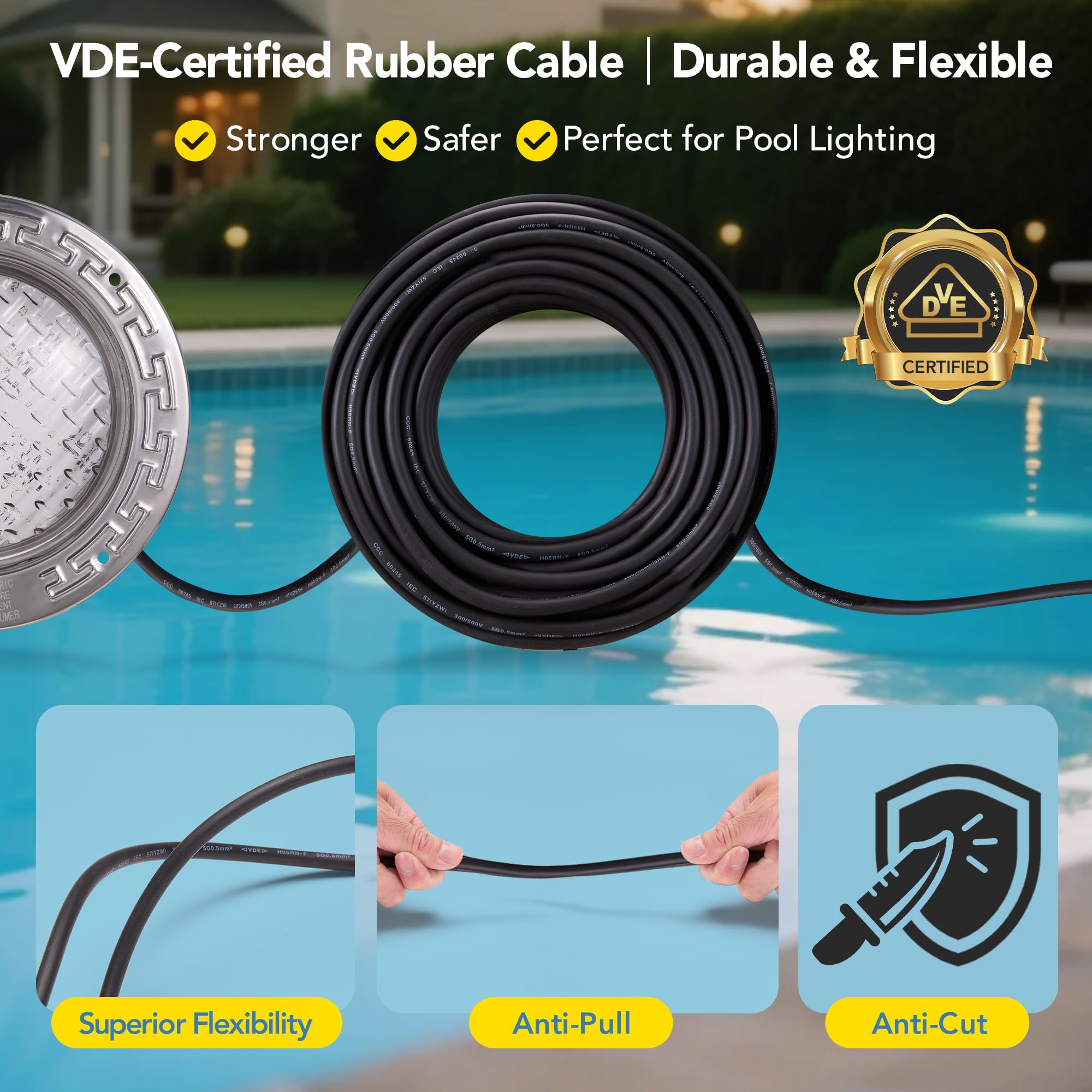 HQUA 100-foot cord stretched out, highlights flexible placement for contractor ease