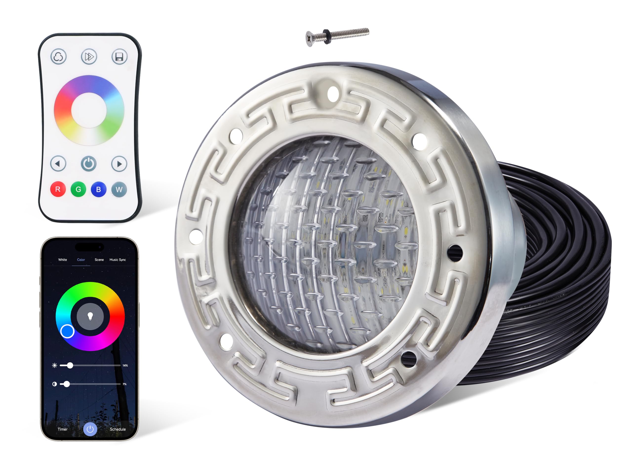 HQUA front view of 6-inch RGBW light showing durable bezel and lens, enhances pool ambiance