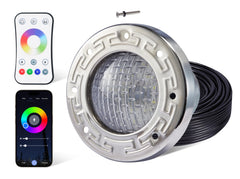 HQUA front view of 6-inch RGBW light showing durable bezel and lens, enhances pool ambiance