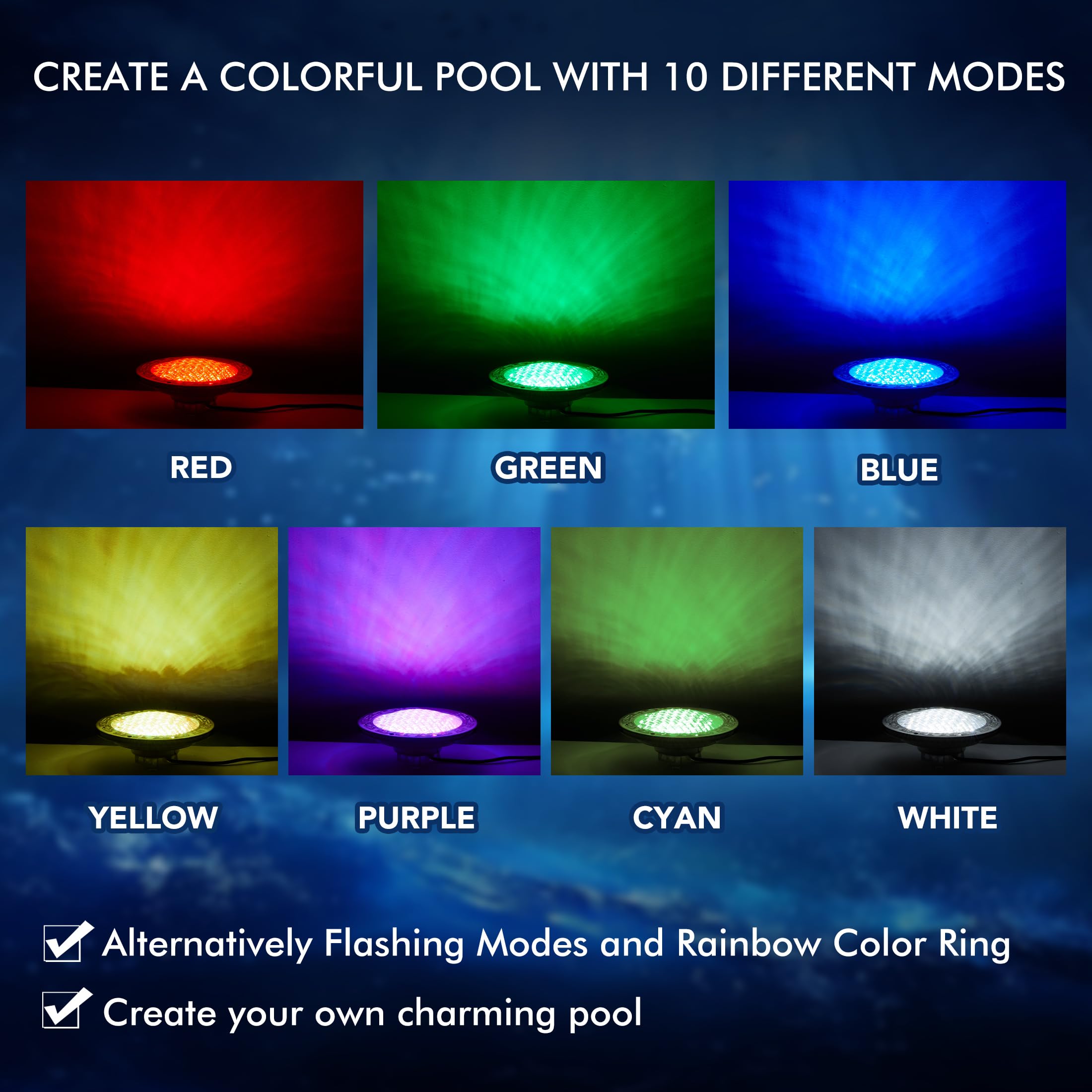 HQUA multiple lights in pool at night, shows synchronized RGBW color effects