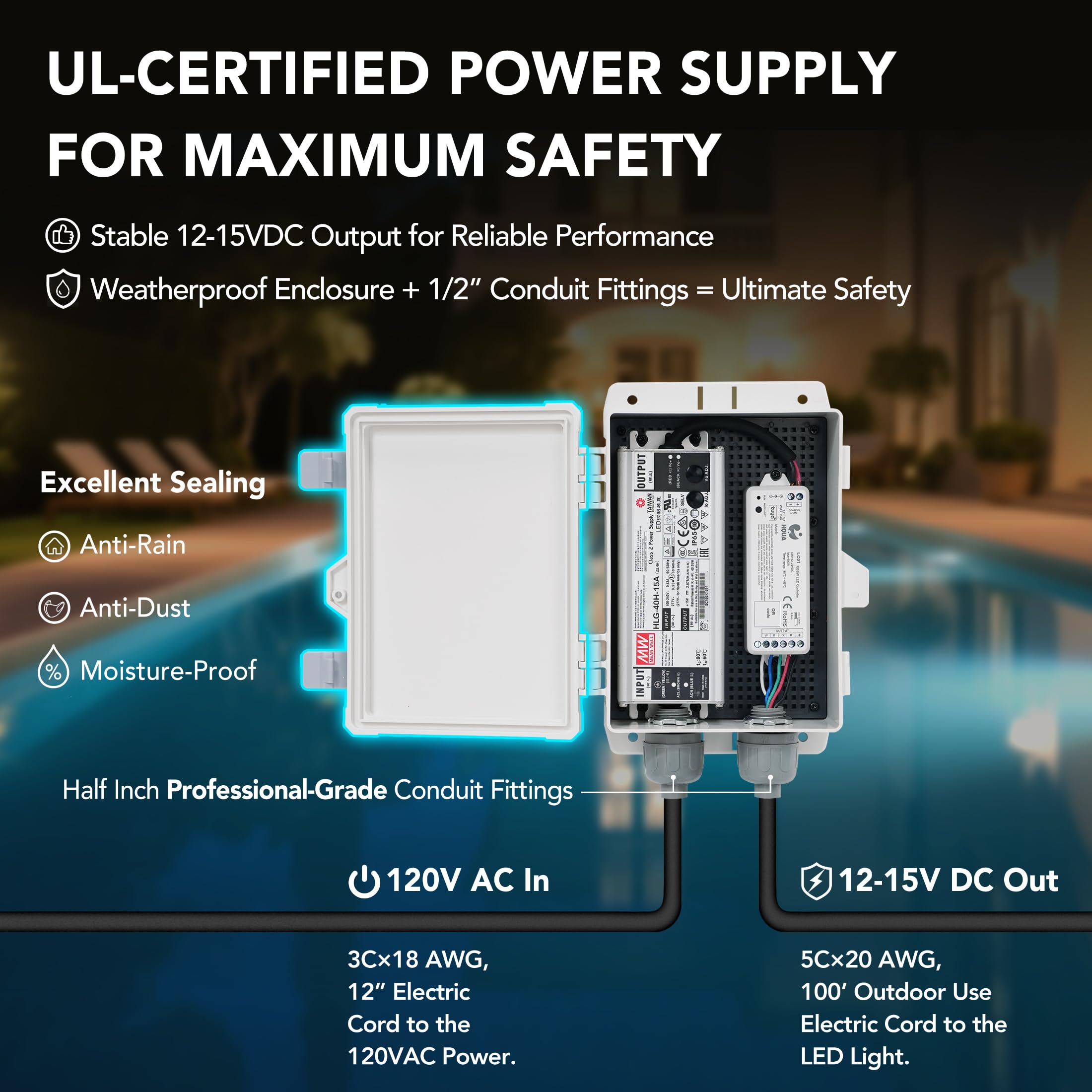 HQUA UL-listed transformer and control unit, provides safe low-voltage output