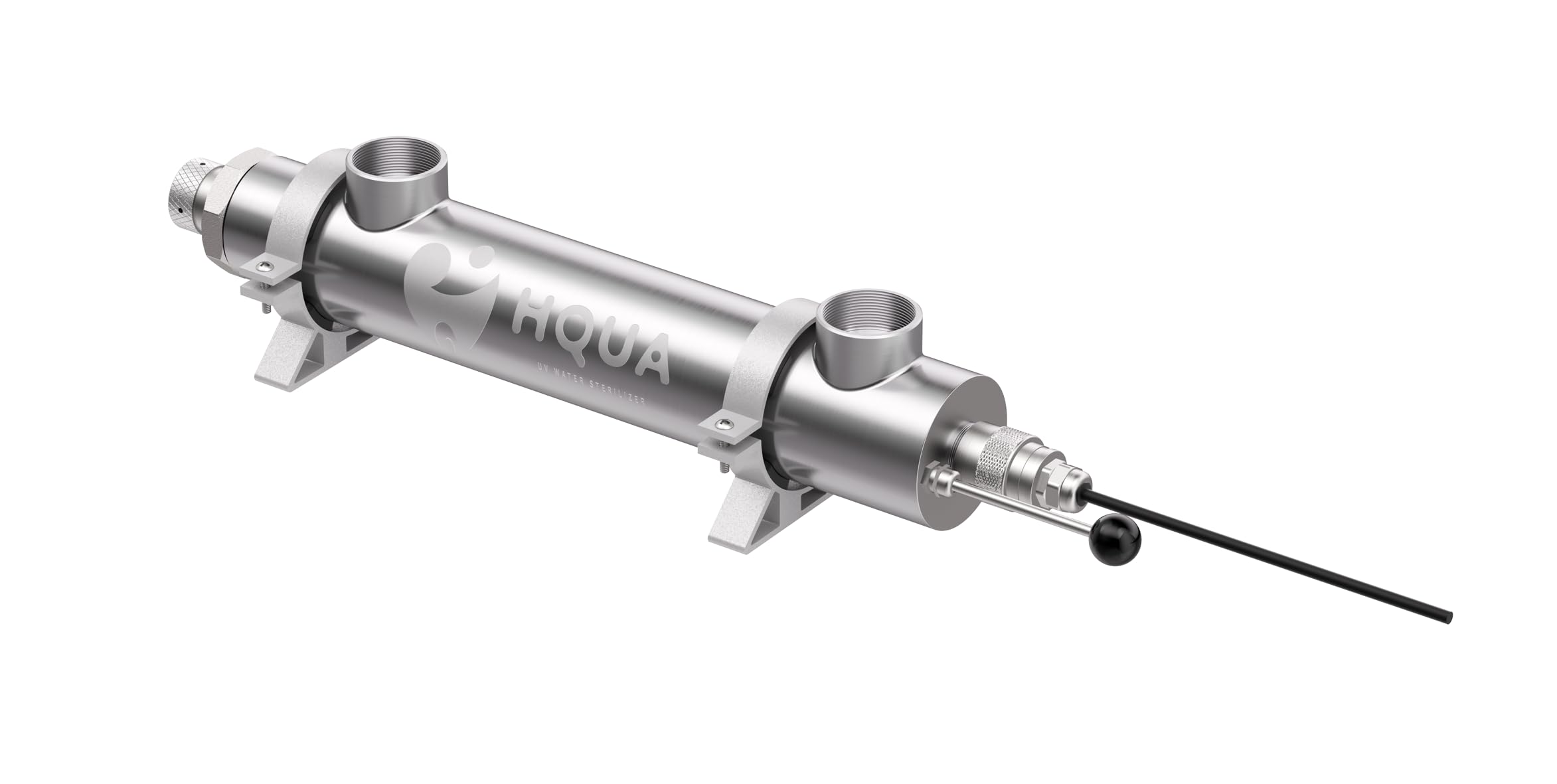 HQUA front view of stainless steel UV reactor showing durable body and fittings