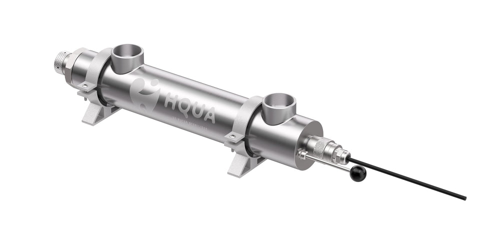 HQUA front view of stainless steel UV reactor showing durable body and fittings