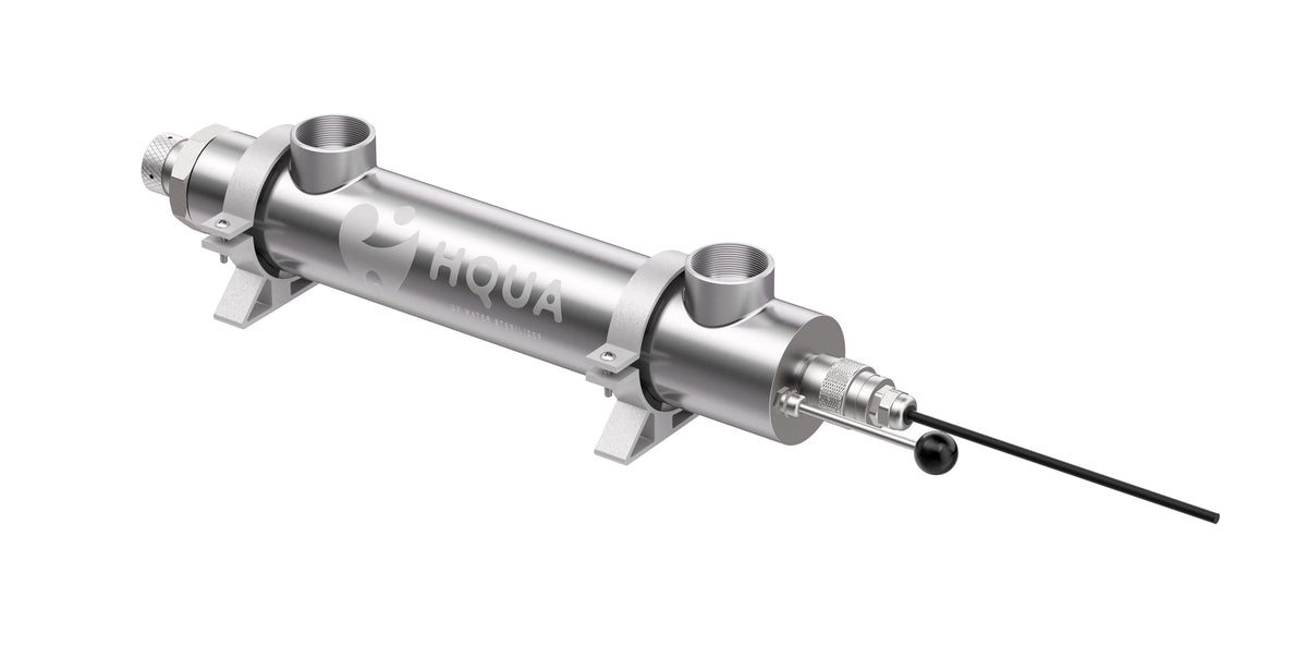HQUA front view of stainless steel UV reactor showing durable body and fittings