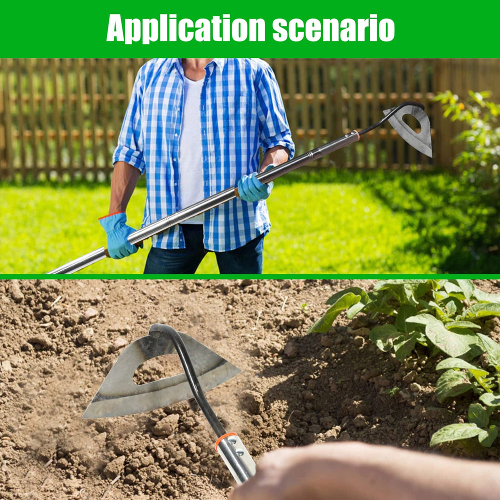 HRADHOL hoe next to a hand showing full length and ergonomic scale advantage