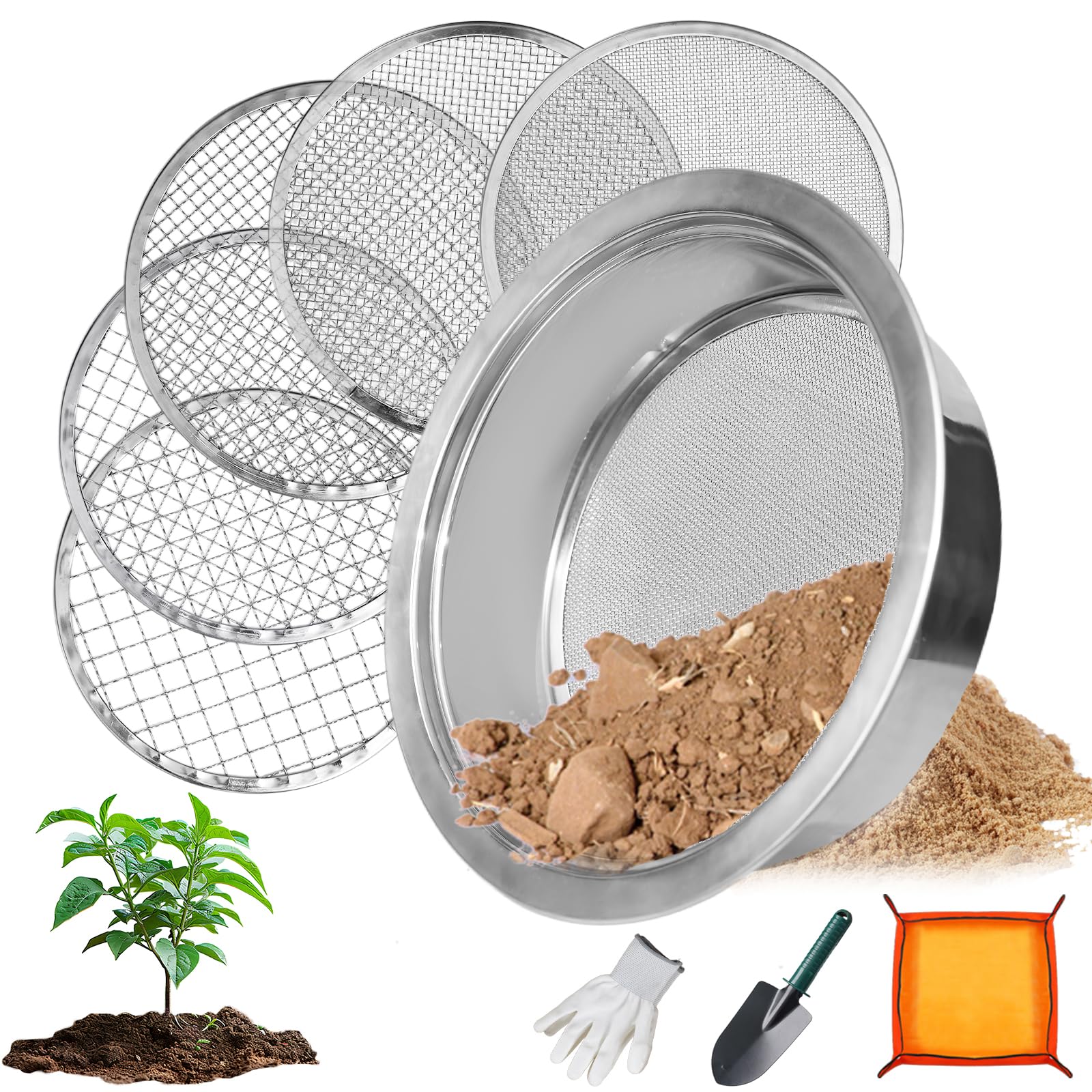 hscqdzsw front view of stainless steel sifter showing durable pan and finish