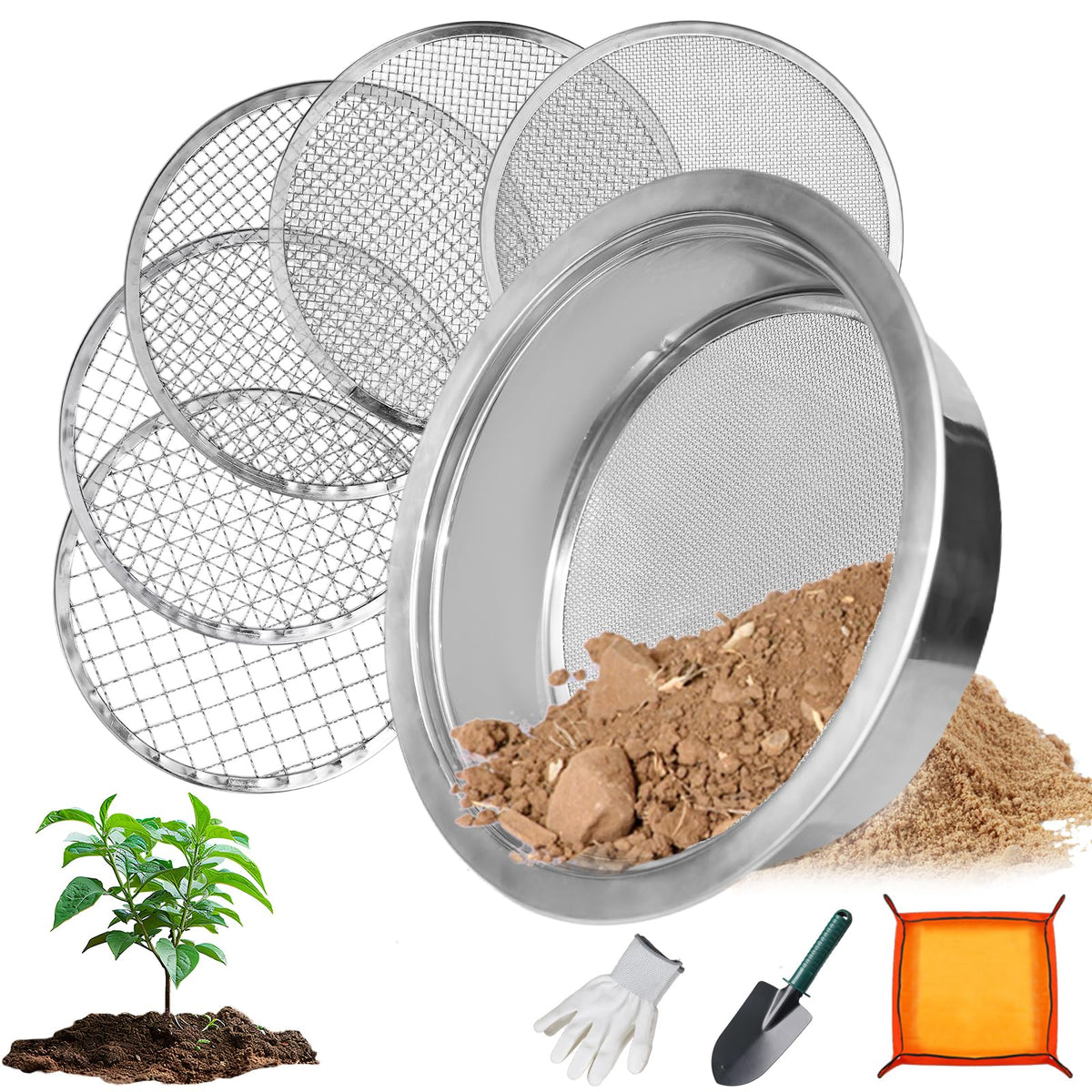 hscqdzsw front view of stainless steel sifter showing durable pan and finish