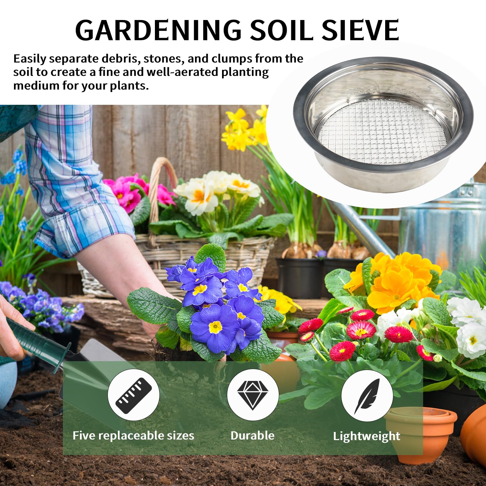 hscqdzsw sifter on a patio table demonstrating quick backyard soil prep