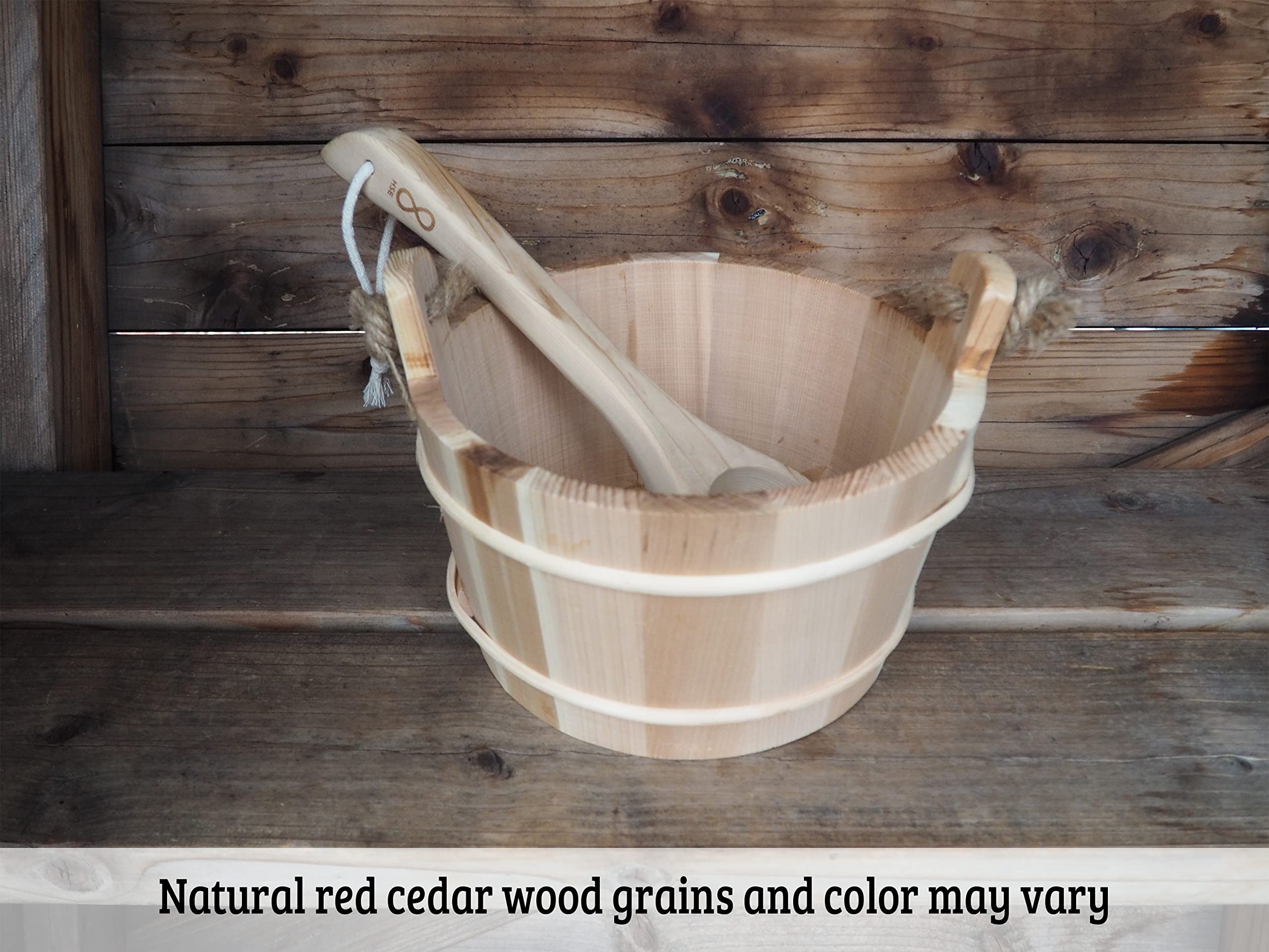 Home Sauna Experience bucket and ladle on sauna bench creating authentic atmosphere