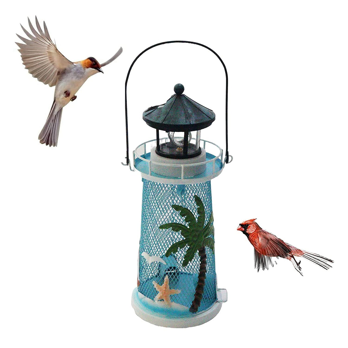 HSHD lighthouse feeder front view showing nautical design and seed ports for attractive feeding