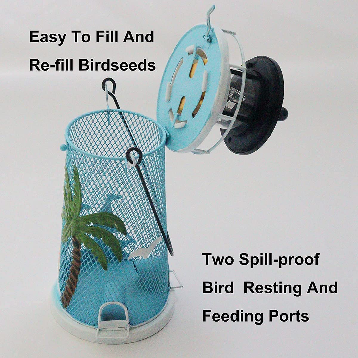 HSHD feeder hanging with small songbirds feeding, demonstrating easy attraction of backyard birds
