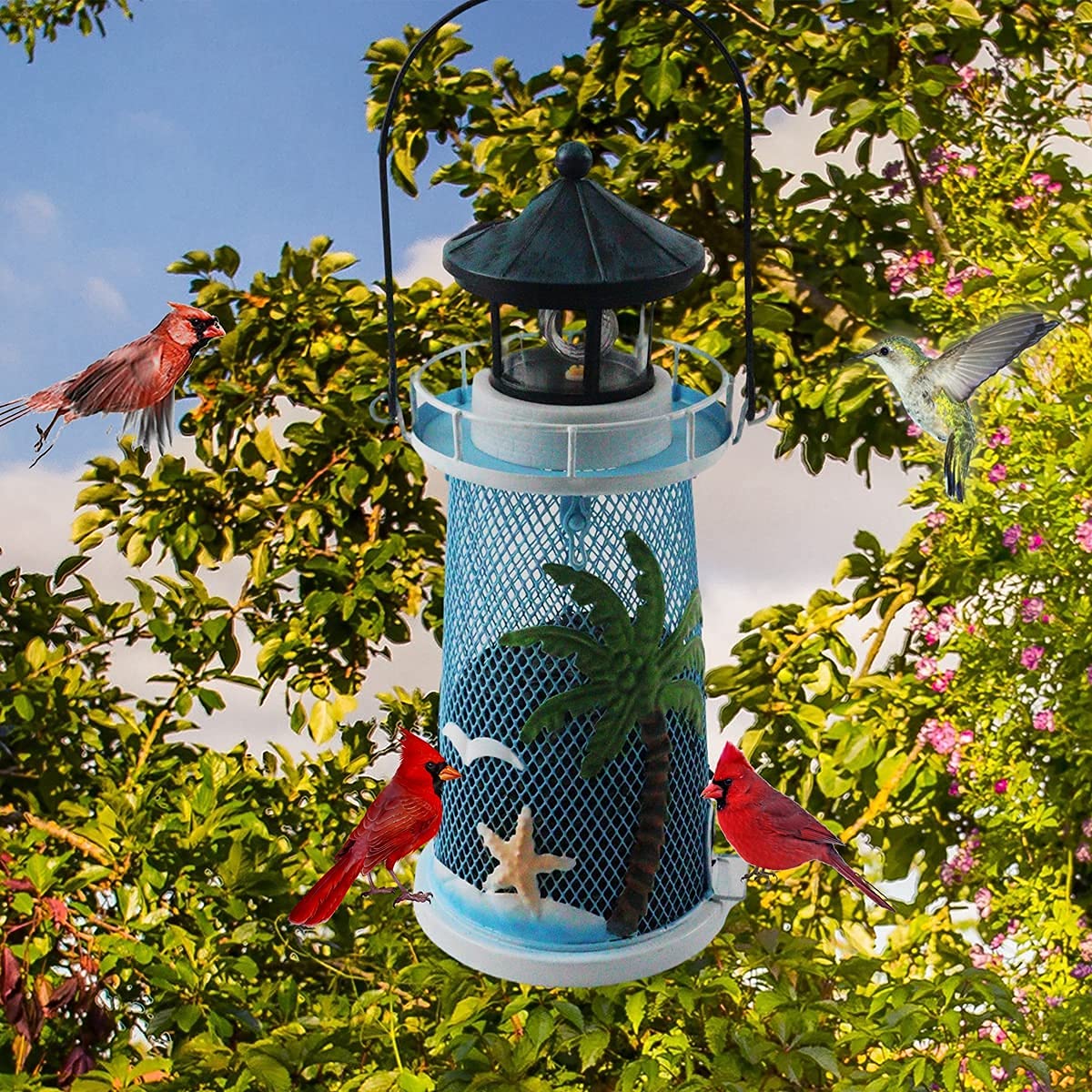 HSHD feeder illuminated at dusk with rotating solar beacon adding evening visibility and ambiance
