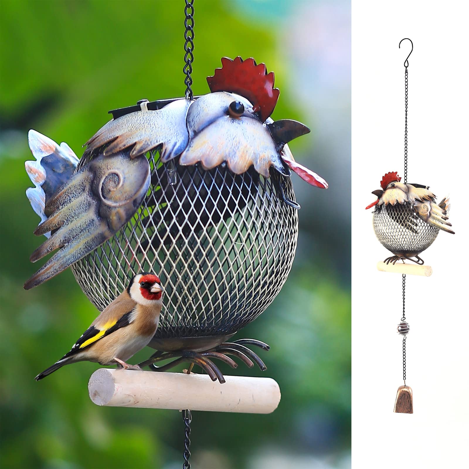 HSHD rooster feeder front view showing colorful design and hanging hook benefit