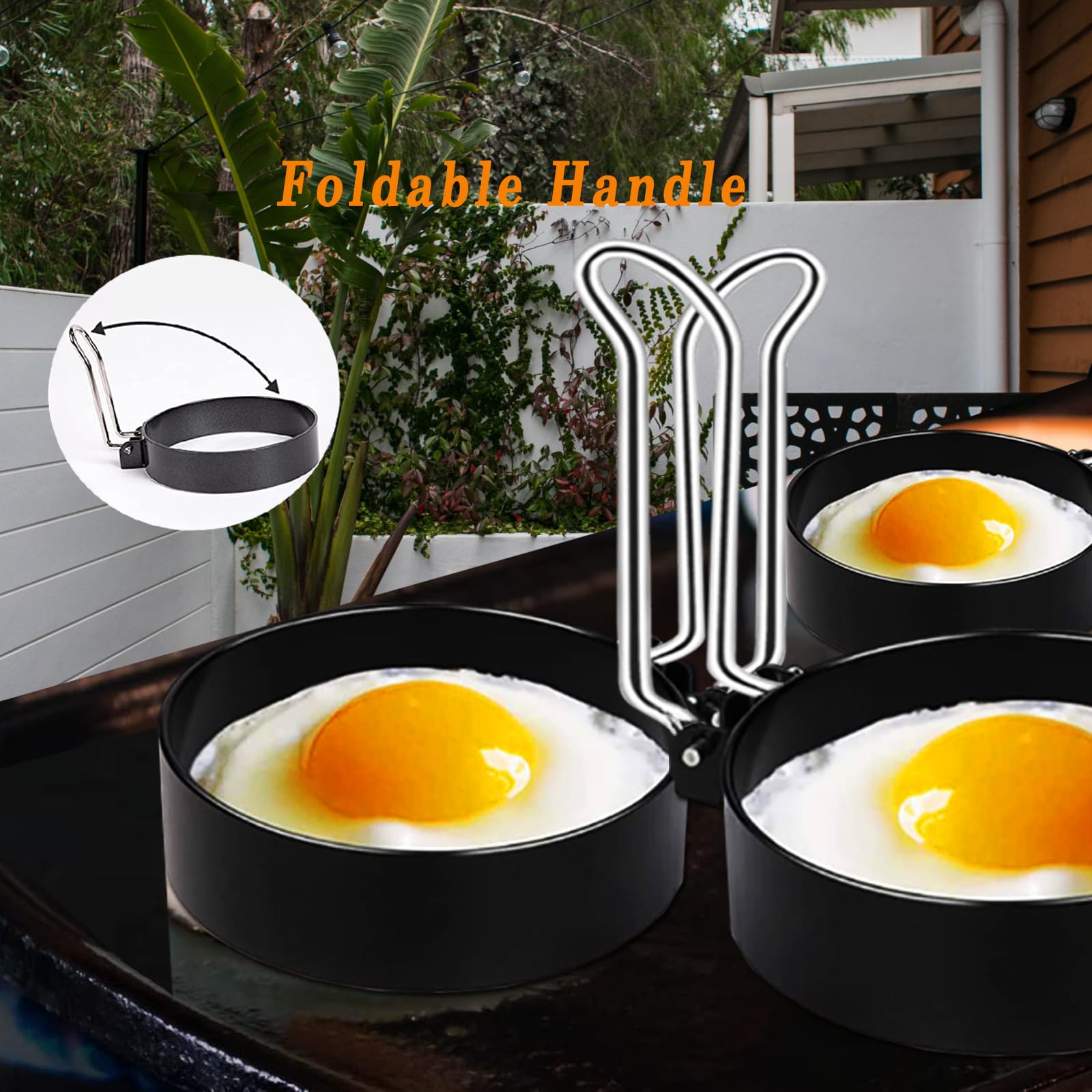 HSUJCYF stainless egg rings with folded handles for safe lifting and storage