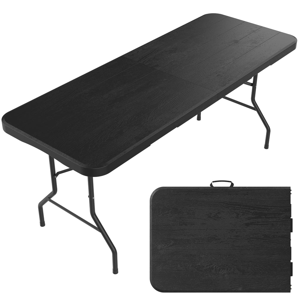 Hsundries front view of 6 ft table showing wood-grain and sturdy frame benefit portability