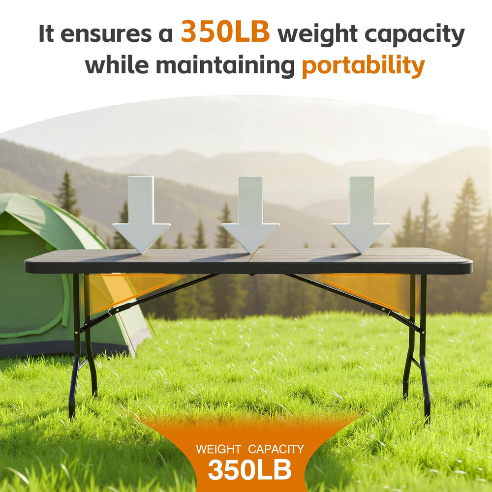 Hsundries folded table carried by one person showing compact portability and easy storage