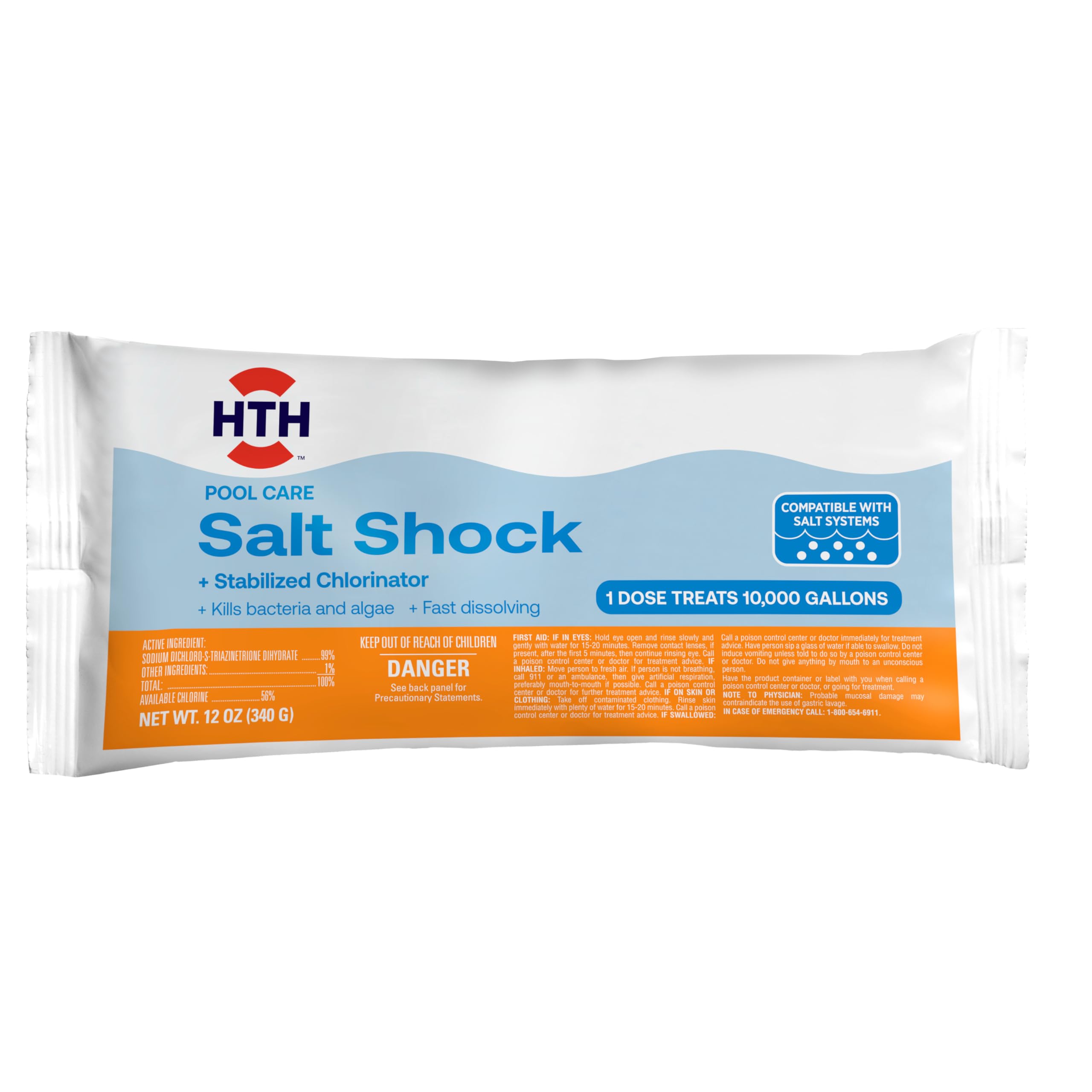 HTH close-up of packet label with dosing instructions for accurate pool treatment