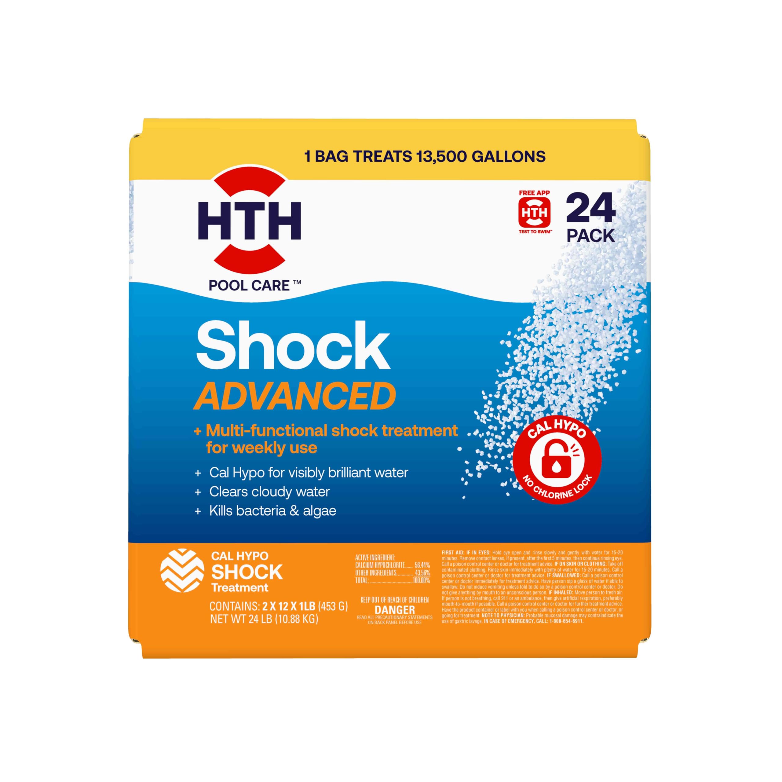 HTH shock advanced front pack shows clear product branding and easy storage benefit