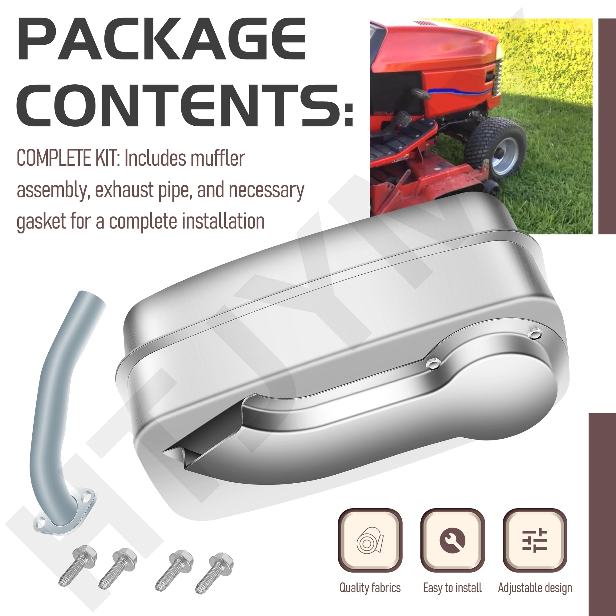 HTJYMY muffler mounted on tractor showing restored exhaust routing benefit