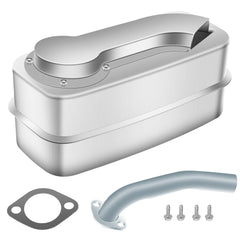 HTJYMY muffler front view showing mounting points and quieting benefits
