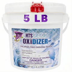 HTS Turbo front view of 5 lb bucket showing product and clear benefits