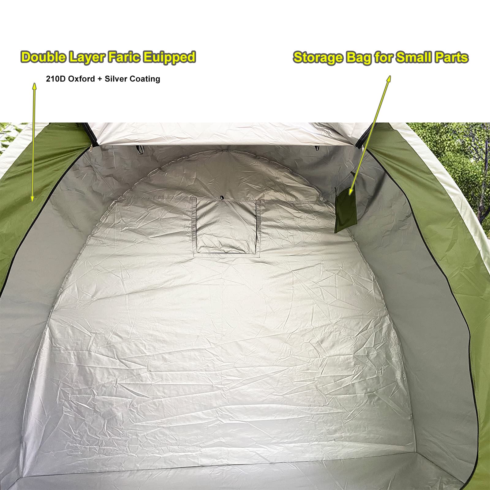 HuaKastro two bikes inside shelter illustrating roomy protection and organization