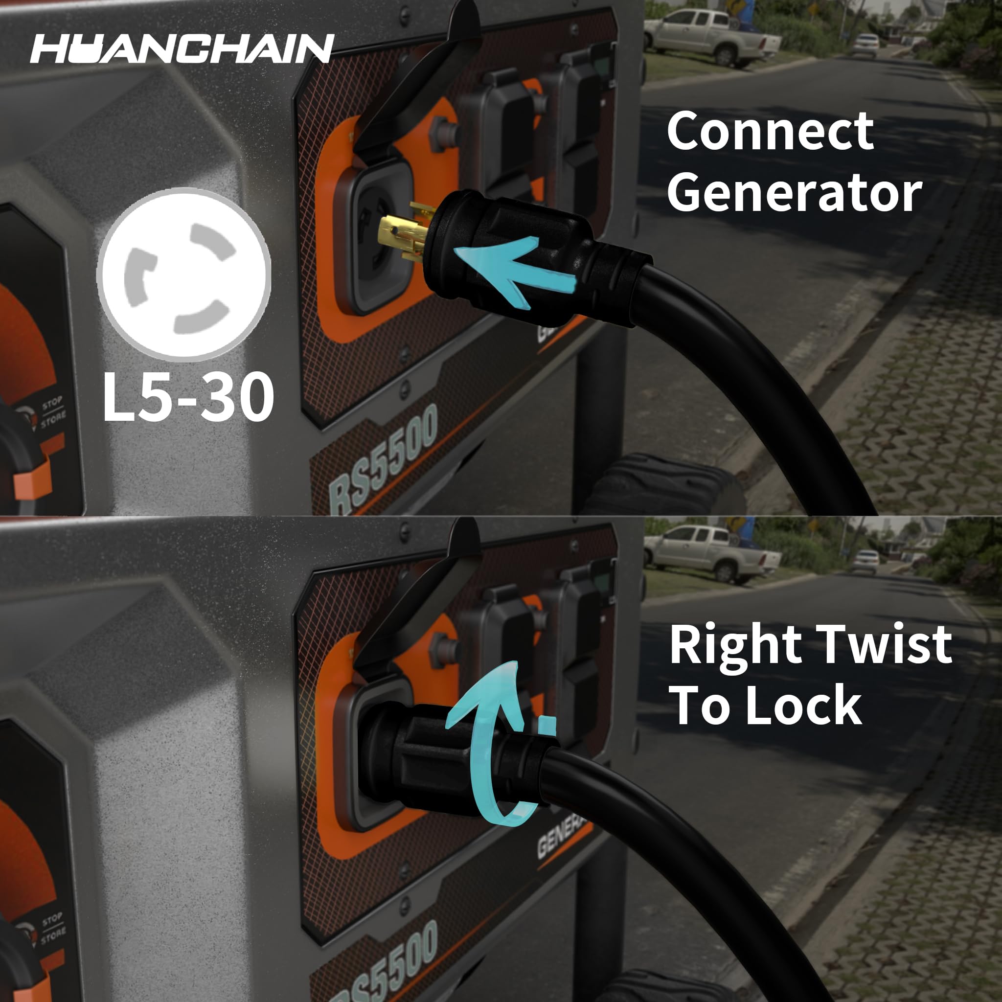 huanchain close-up of locking L5-30 connector detail for accidental-disconnect prevention