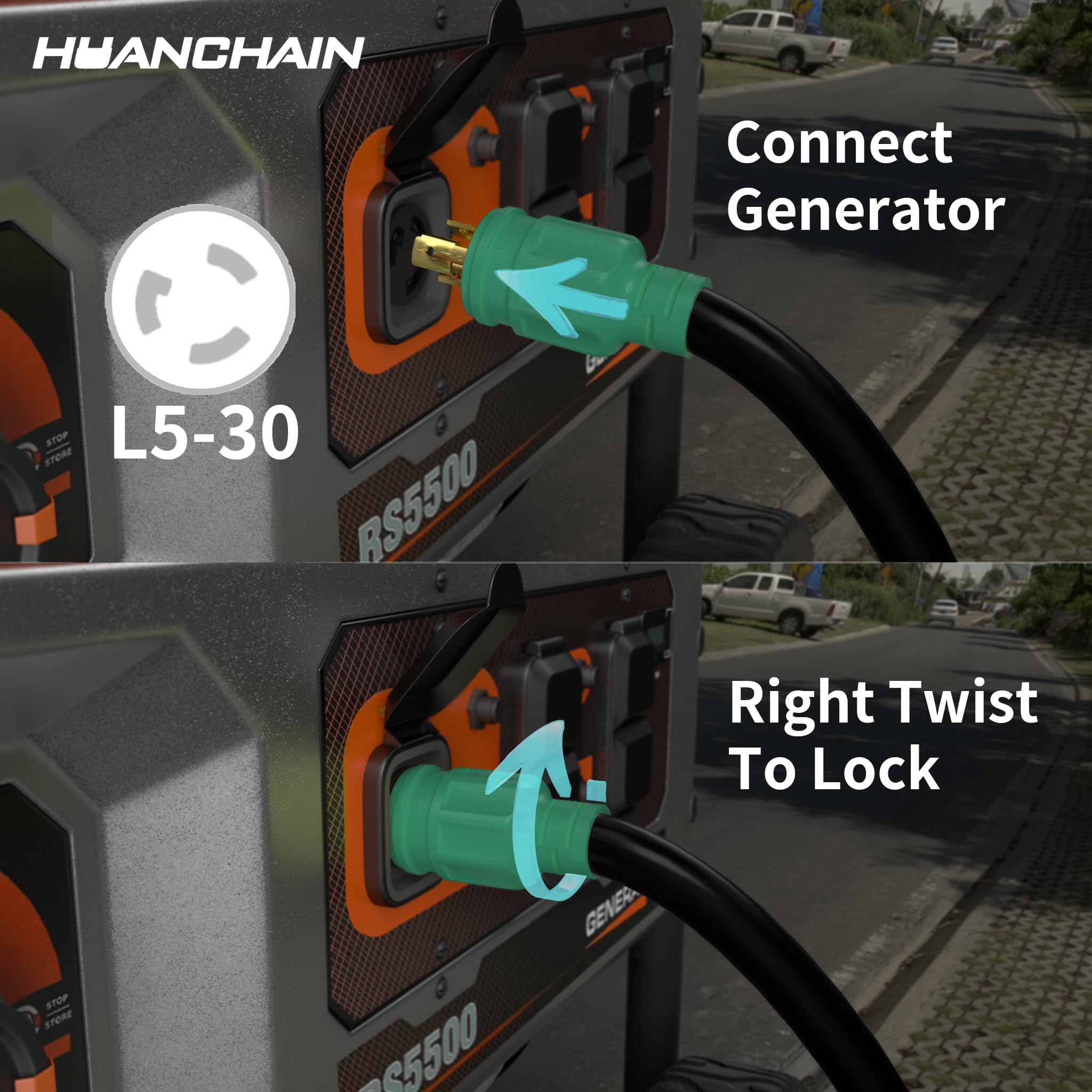 huanchain receptacle closeup showing twist-lock L5-30 safety benefit