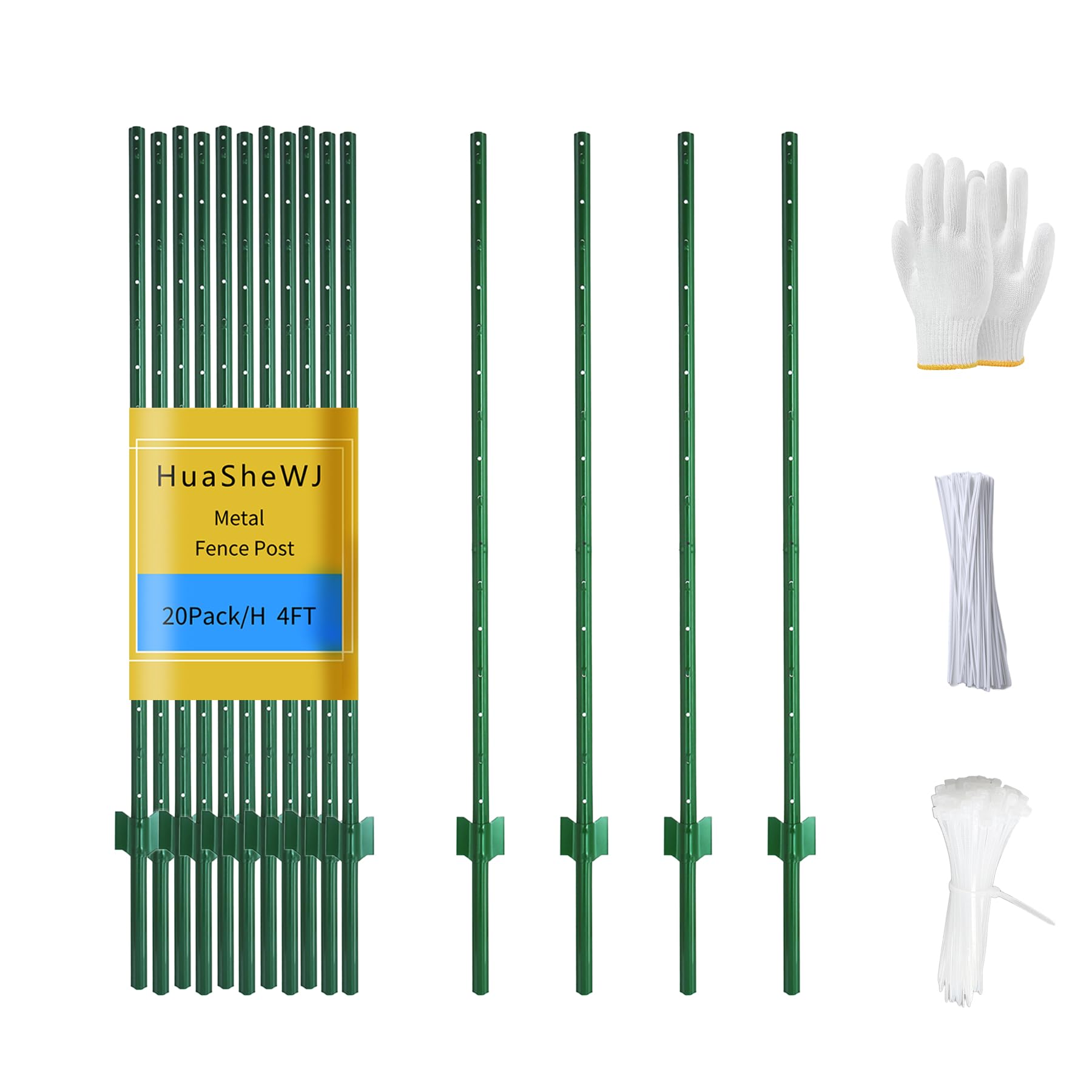 HuaSheWJ front view of 20 green 4ft metal posts showing pack and benefits