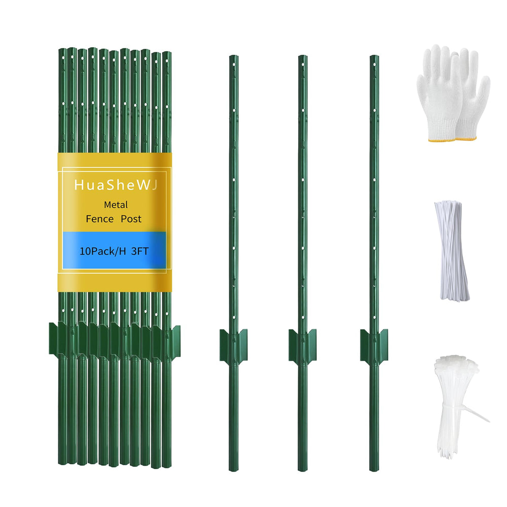 HuaSheWJ front view of 3ft green T-post pack showing product and benefits