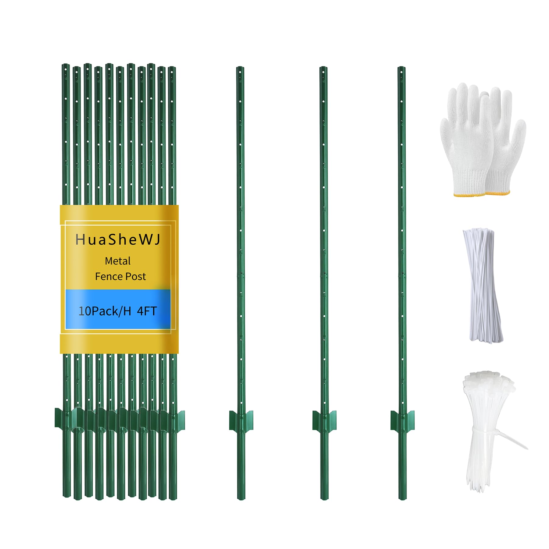 HuaSheWJ front view of ten 4ft green U posts showing pack benefits