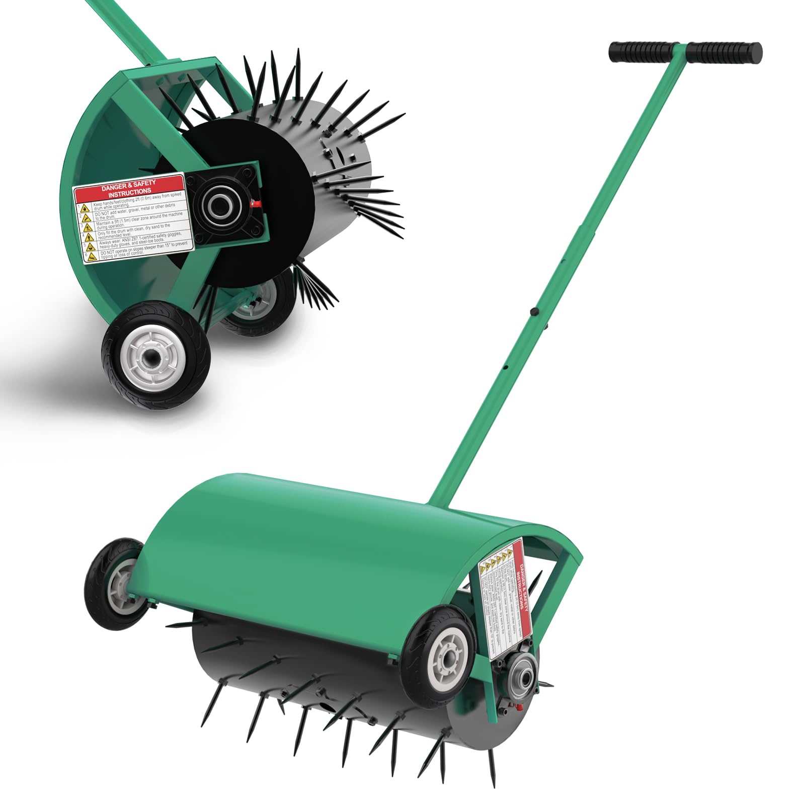Hubiiett aerator front view showing full 24-inch roller and frame, improving lawn aeration