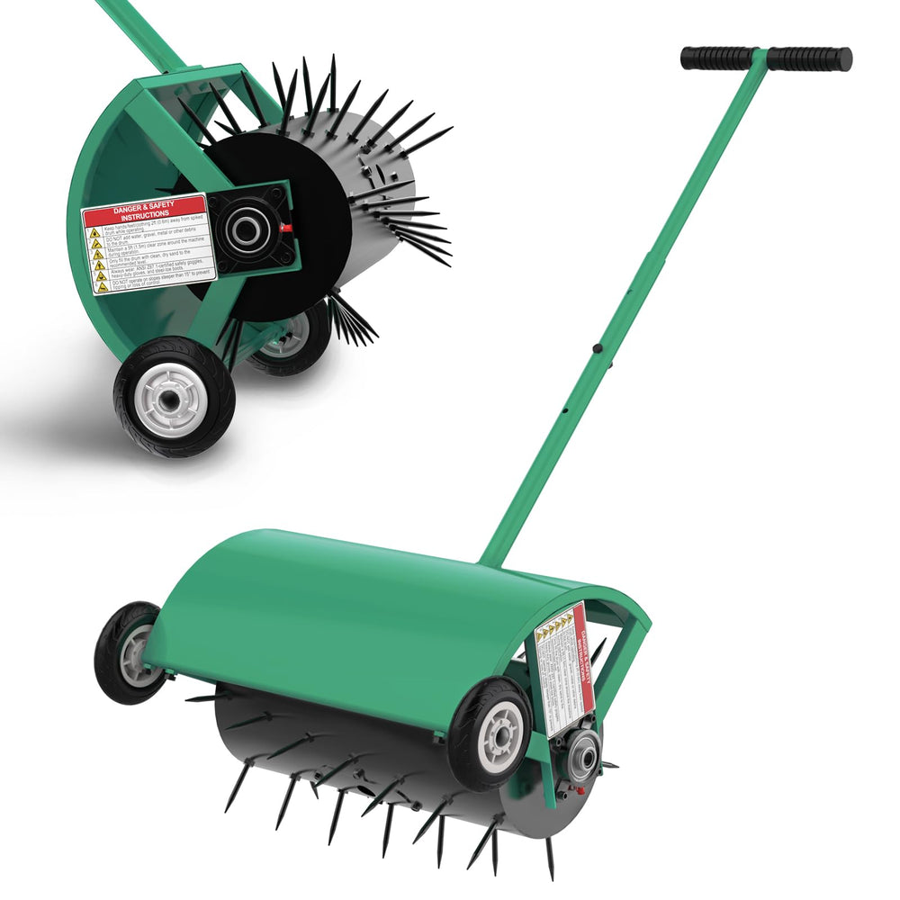Hubiiett aerator front view showing full 24-inch roller and frame, improving lawn aeration