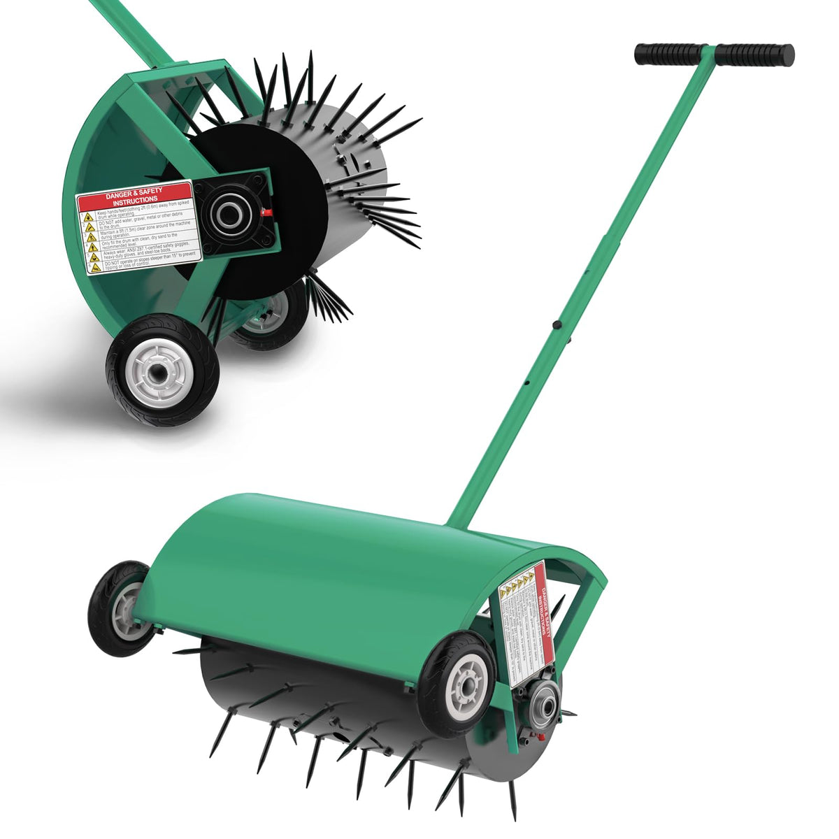Hubiiett aerator front view showing full 24-inch roller and frame, improving lawn aeration